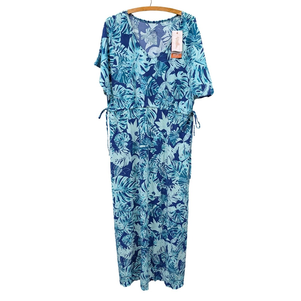 UVSkinz NWT UPF 50+ Sunwear Maxi Dress Blue Tropical Leaf Swim Cover Up-‎ 4XL